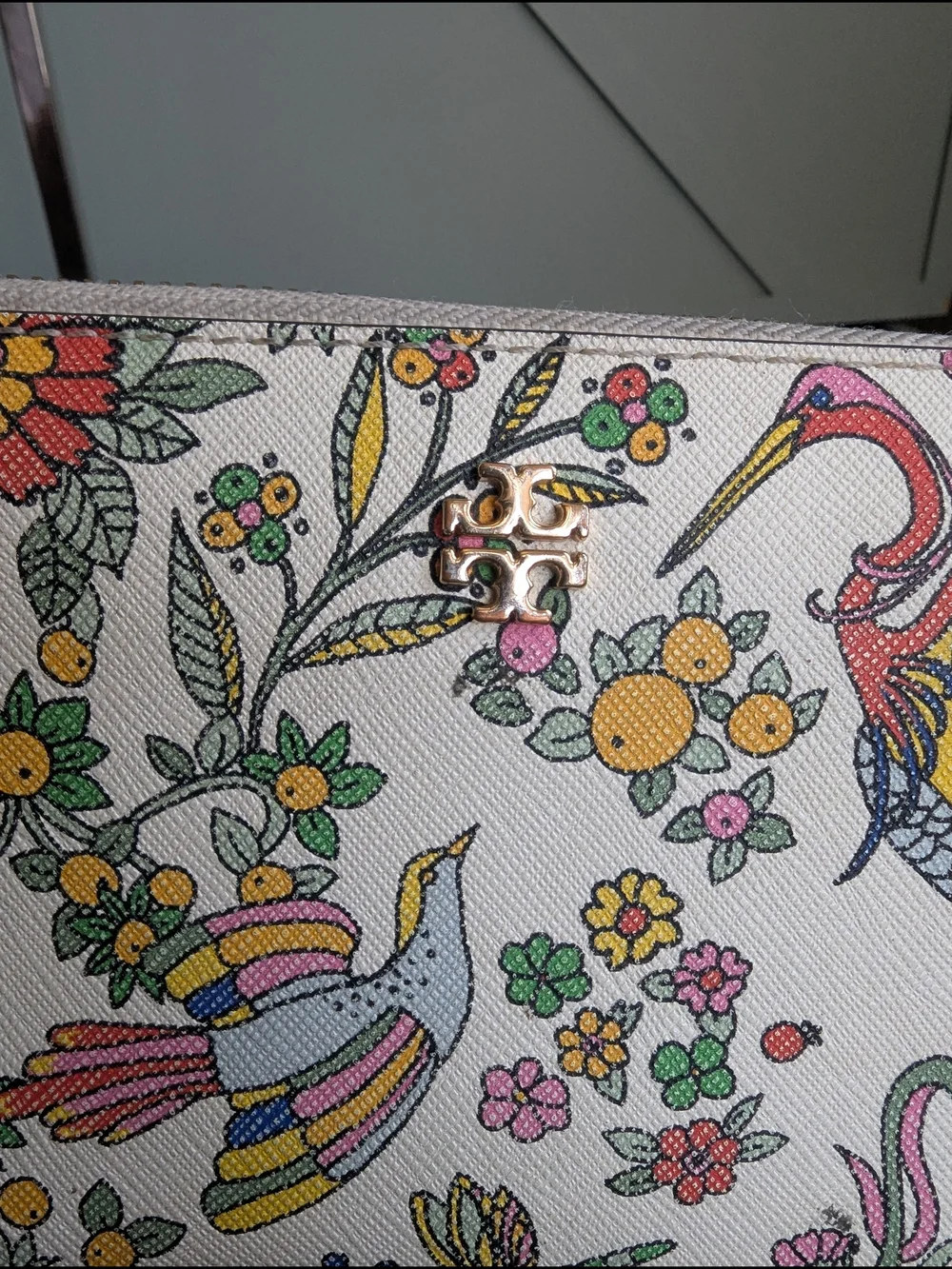 Tory Burch White Multicolor Floral & Bird Zip Wallet